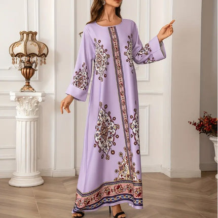Elegant Floral Print Long Sleeve Abaya Dress