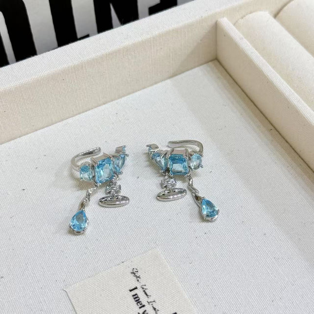 Ocean Blue Shiny Diamond Tassel Saturn Non-piercing Ear Clip