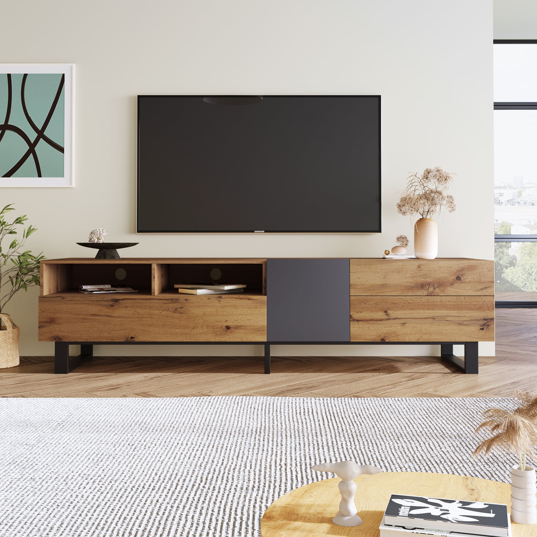 Meuble TV moderne eprolo pour écran de 80 pouces avec double espace de rangement en bois clair.