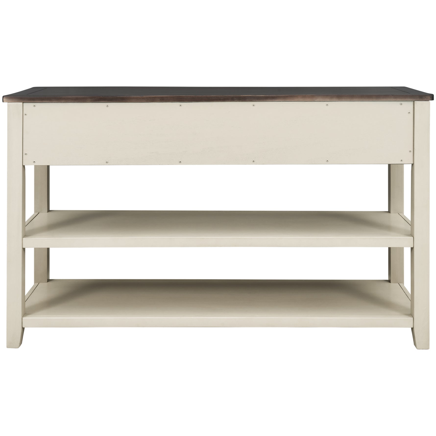 Table console rétro design en pin massif avec deux étagères ouvertes, cadre et pieds en bois pour salon, couleur espresso et beige, eprolo
