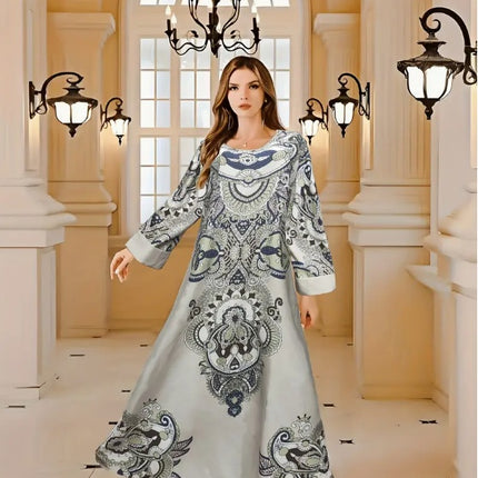 Elegant Floral Print Long Sleeve Abaya Dress