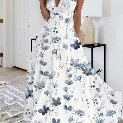 Printed V-neck Loose Plain Elegant Dress