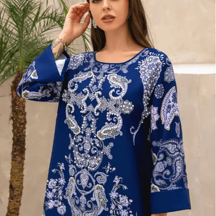 Elegant Floral Print Long Sleeve Abaya Dress