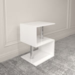 Table basse S en 3 couches eprolo en blanc avec rangement ouvert, éclairage LED, surface brillante et prise USB intégrée.