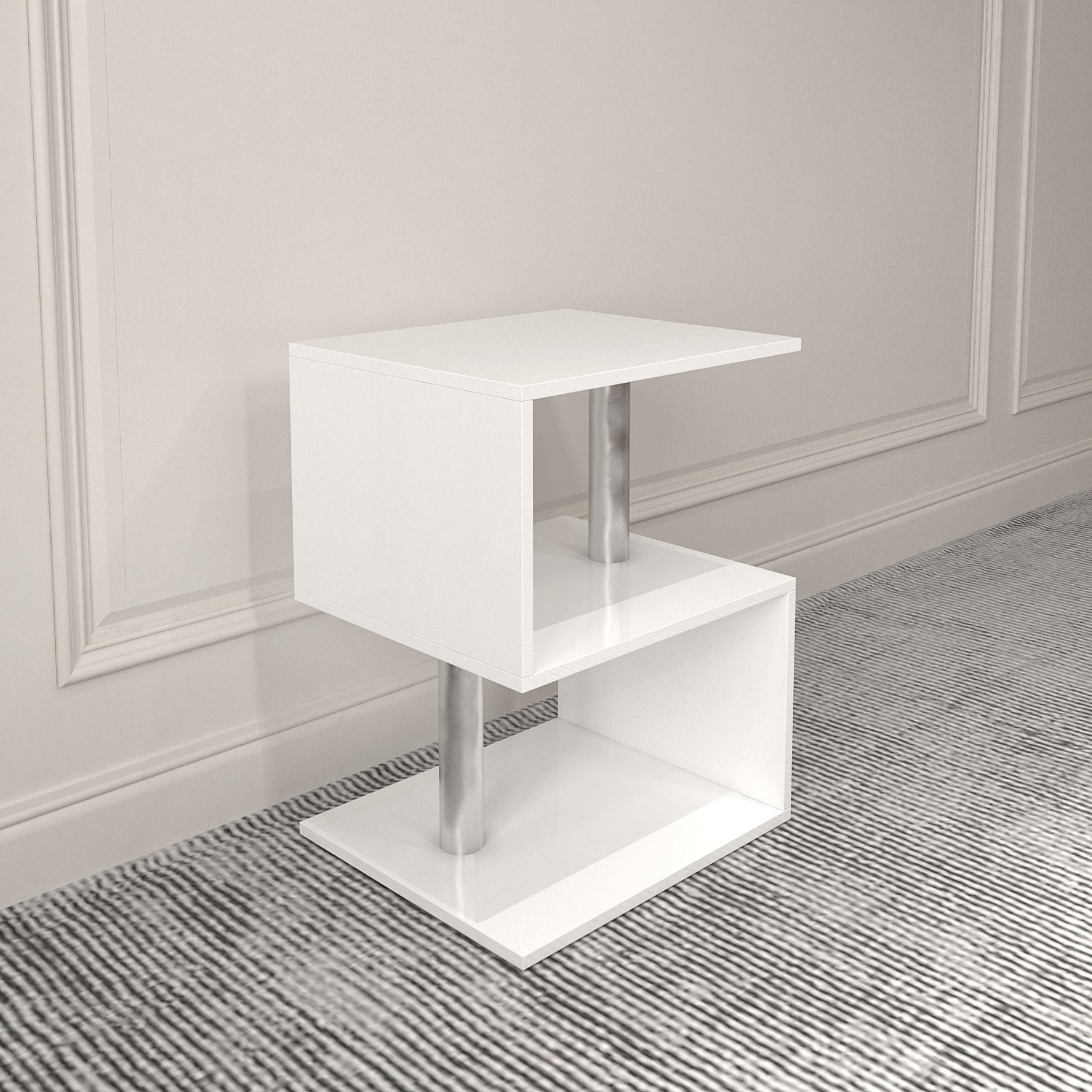 Table basse S en 3 couches eprolo en blanc avec rangement ouvert, éclairage LED, surface brillante et prise USB intégrée.