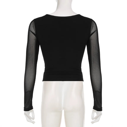 V-neck Solid-Color Mesh-Patchwork Pleated Slim-Fit T-Shirt