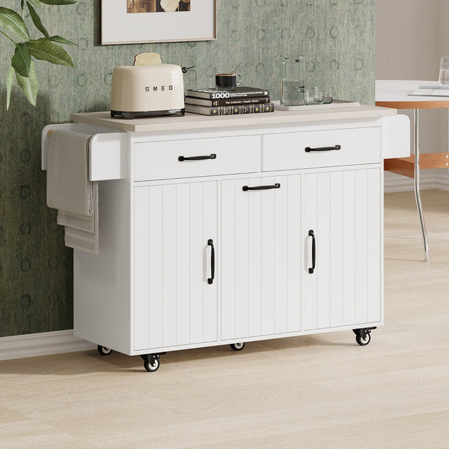 K K Kitchen Island With Trash Can Storage Cabinet, Kitchen Cart With Drop Leaf, Spice Rack, Towel Ra