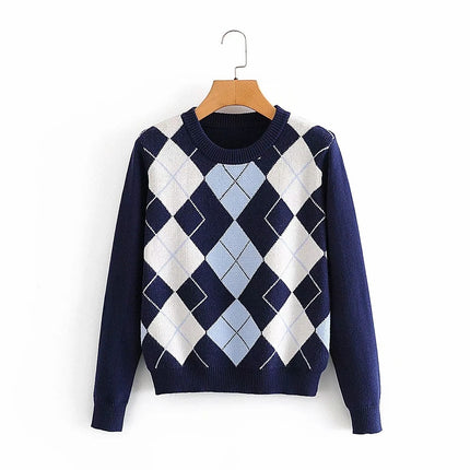 Diamond lattice pullover sweater female ins net red