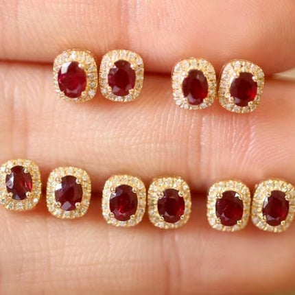 Real Gold Natural Ruby Diamond Stud Earrings Pigeon Blood Red Color