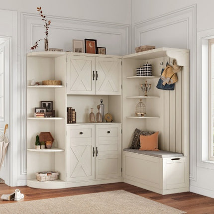 Multifunctional Left-right Combination Hall Cabinet  Can Be Used Separately  With Storage And 4 Hooks, Storage Cabinet Hall Tree 2 In 1 For Living Room, Kitchen And Hallway,antique Beige