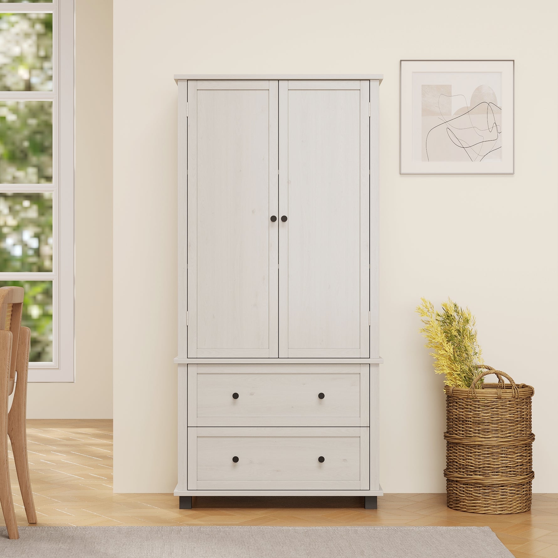 Armoires de cuisine eprolo, grande pièce de rangement blanche antique, avec 2 tiroirs et 3 étagères.