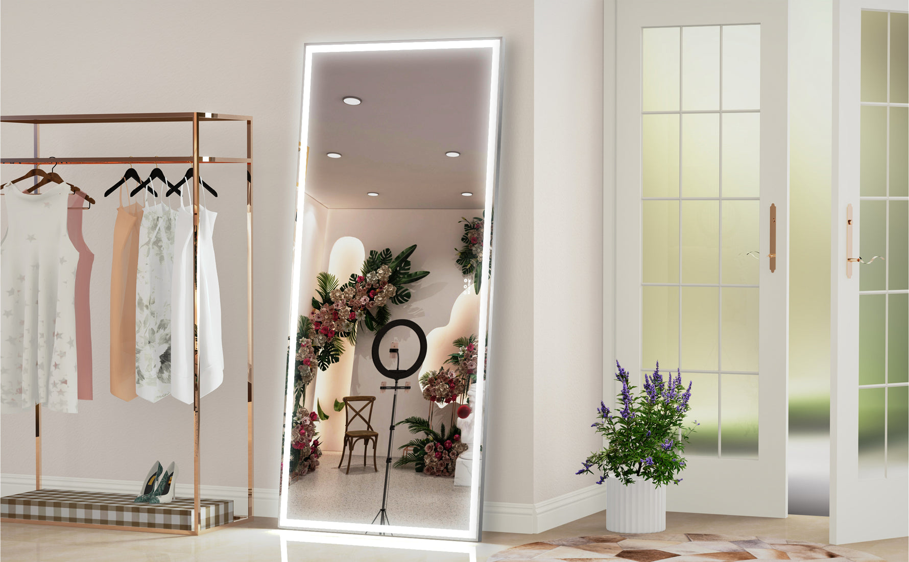 Grand miroir LED mural eprolo de 72x32 pouces, cadre en aluminium, 3 modes de couleur, miroir de corps entier.
