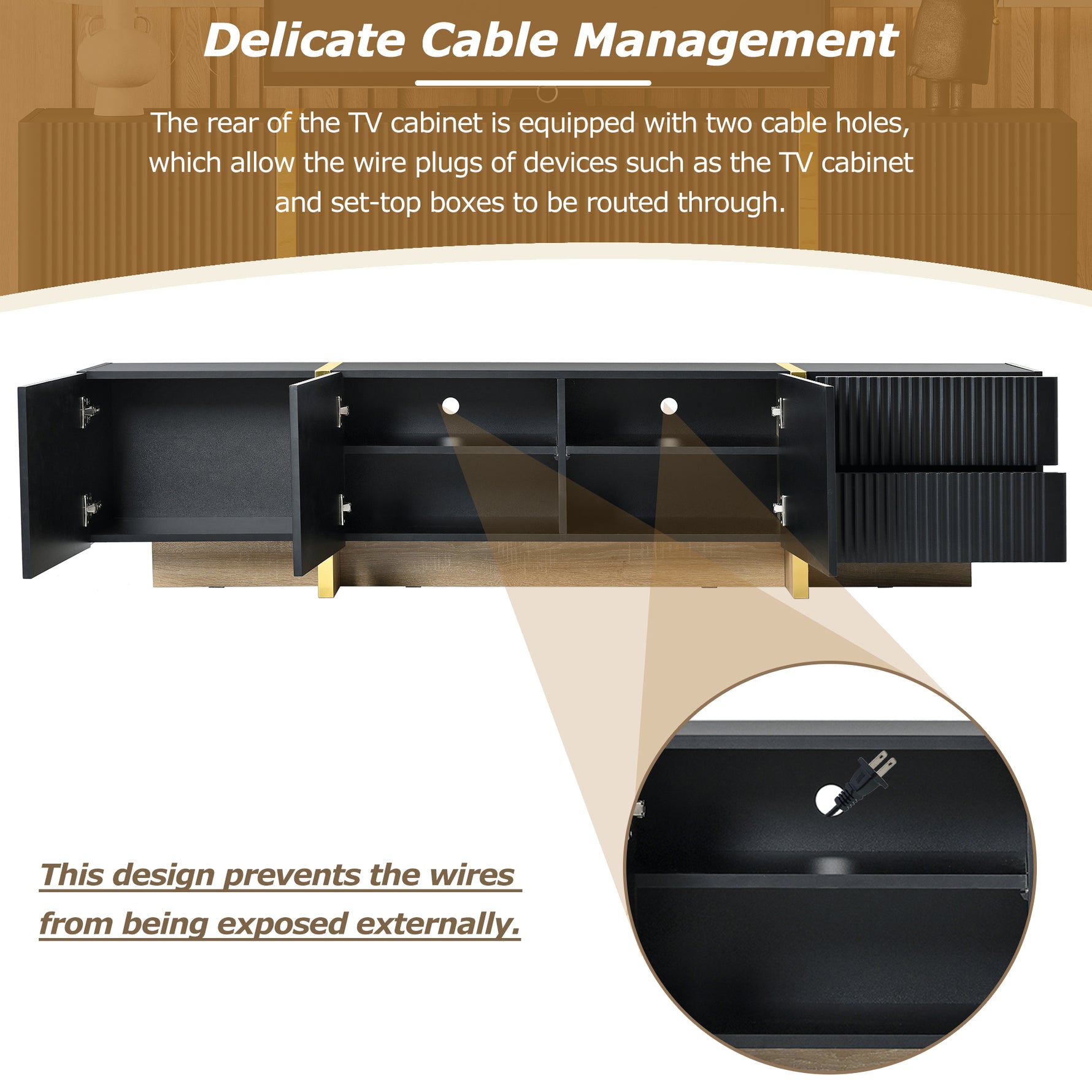 Meuble TV moderne en noir avec rangements, pour téléviseurs jusqu'à 80'', avec tiroirs et armoires, de la marque eprolo.