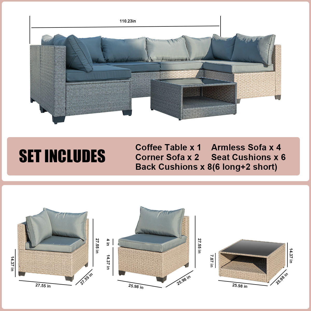 Ensemble de mobilier de patio 7 pièces eprolo, canapé d'extérieur bohème, résistant aux intempéries, coussins gris épais et résistants à l'eau.