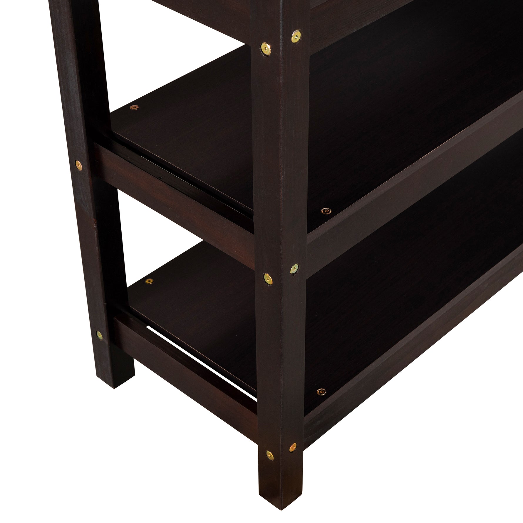 Lit mezzanine de taille complète eprolo avec étagères de rangement et bureau sous le lit, finition espresso, vue de l'ensemble.