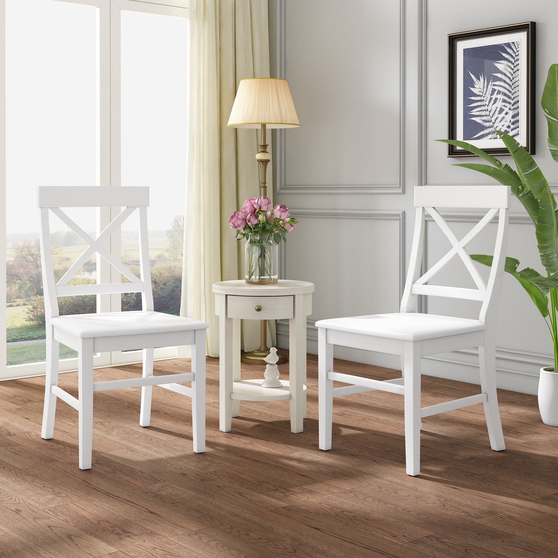 Chaise de salle à manger en acacia blanche eprolo, lot de 2, style ferme rustique, siège confortable et design élégant.