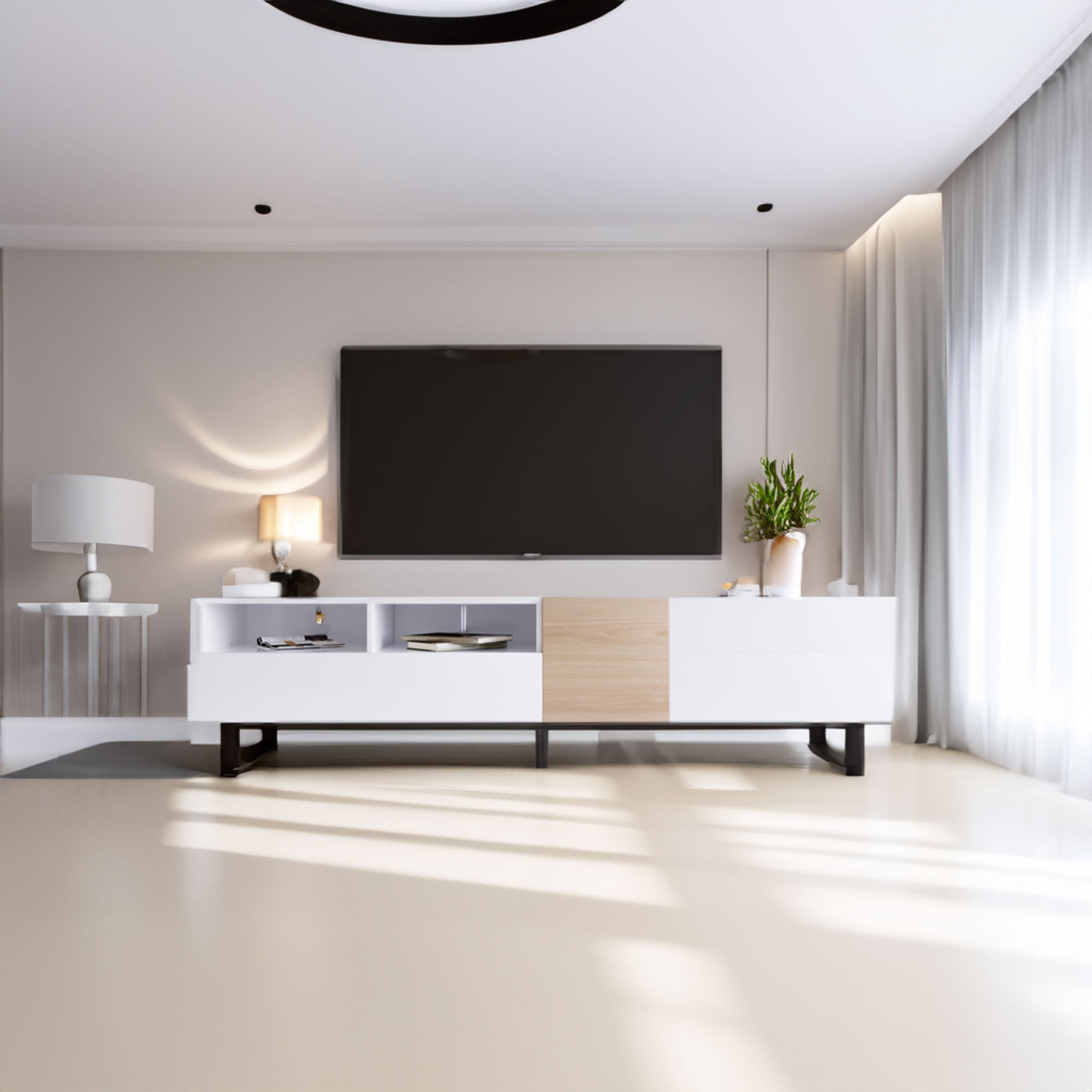Meuble TV moderne en bois avec rangement, signé eprolo, pour salon, visible avec espace pour appareils électroniques.