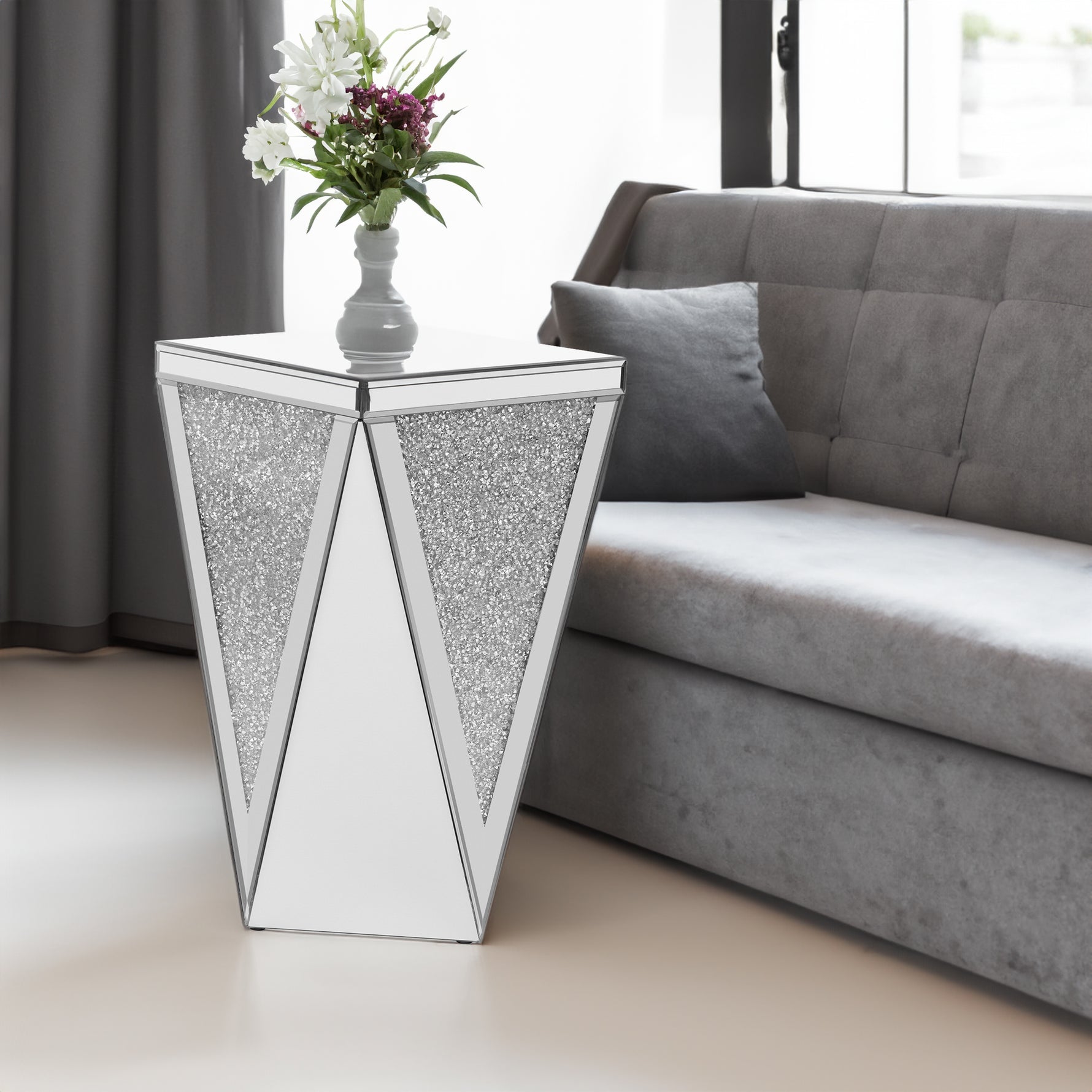 Table d'appoint carrée en miroir argenté U-Can 13,8'' avec éclats de diamant, design moderne, sans montage, pour salon.