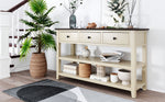 Table console au design rétro en pin massif avec deux étagères ouvertes, cadre en bois et pieds en bois, couleur espresso et beige.