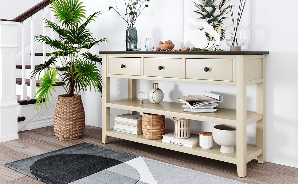 Table console au design rétro en pin massif avec deux étagères ouvertes, cadre en bois et pieds en bois, couleur espresso et beige.