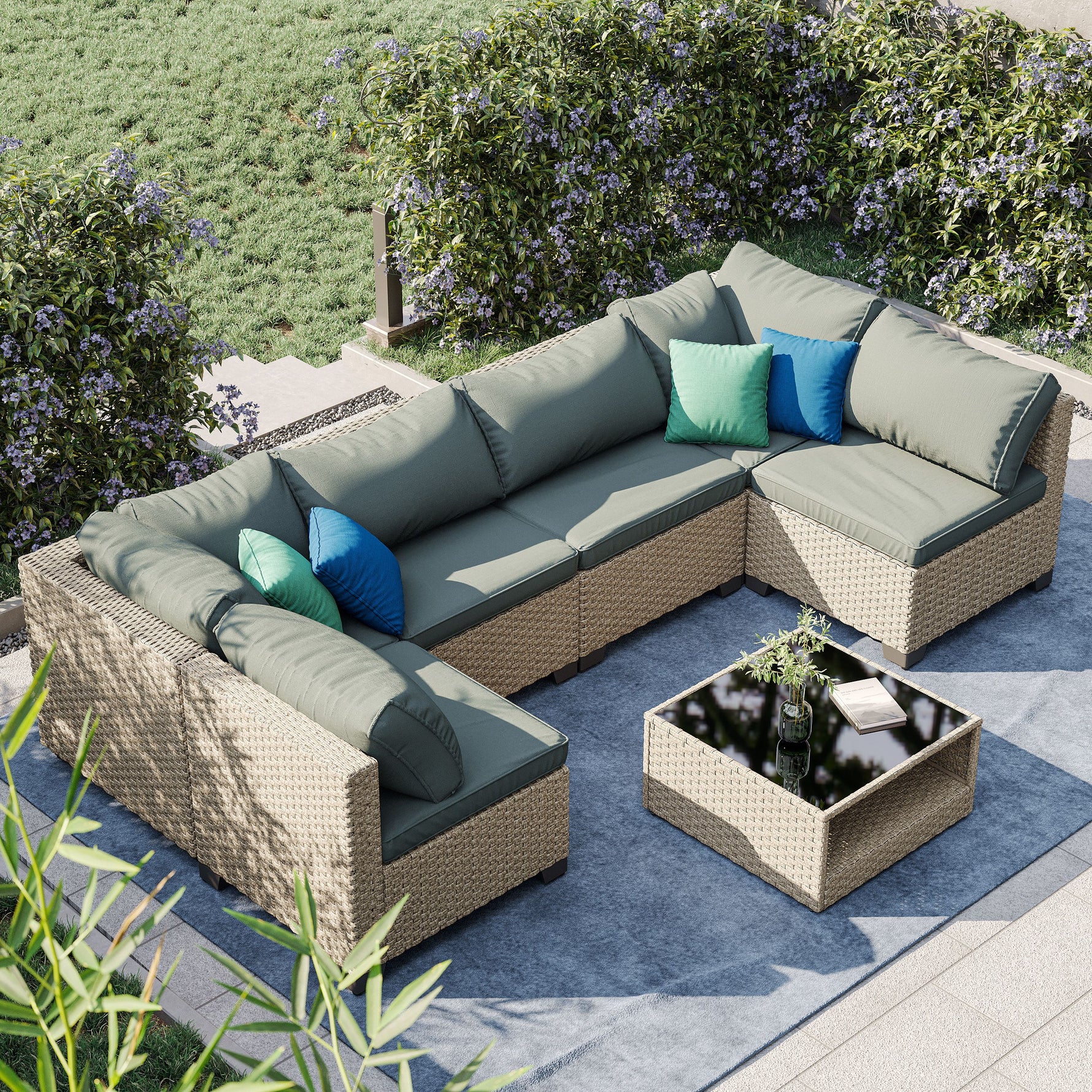 Ensemble de mobilier de patio 7 pièces eprolo, canapé extérieur en bois avec coussins gris résistants à l'eau.