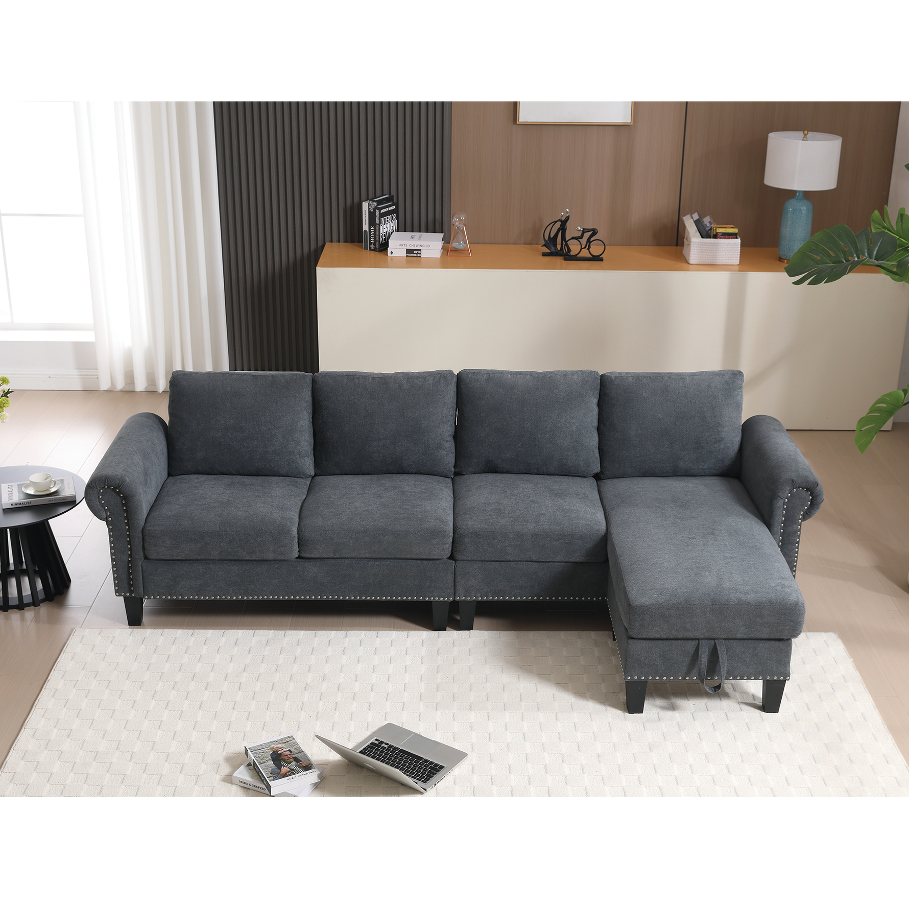 Canapé sectionnel convertible eprolo avec espace de rangement, tissu gris, avec des coussins et une structure moderne.