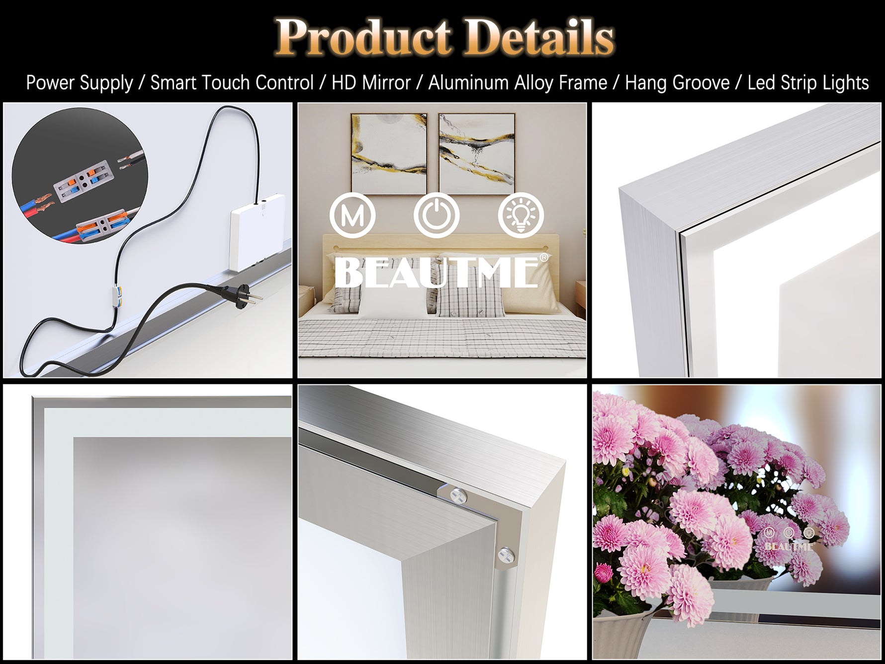 Grand miroir LED de salle de bain eprolo, 72x32 pouces, avec cadre en aluminium, 3 modes de couleur, miroir mural.