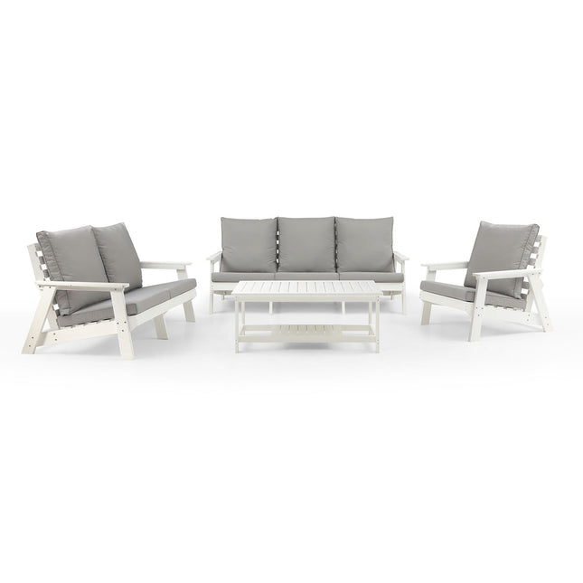 HIPS 3 Seater Sofa With Cushion, Wood Grain Outdoor Garden Sofa,White Grey