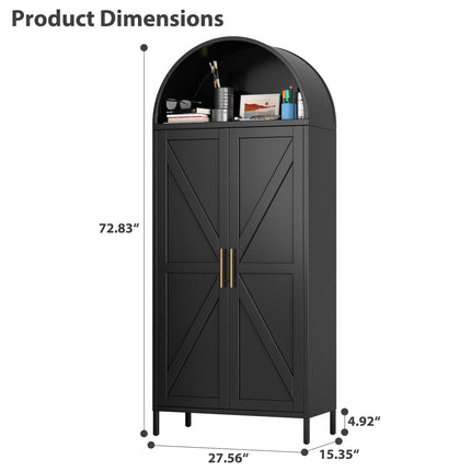 73inch Tall Metal Arched Cabinet, Modern Arch Bookshelf Display Cabinet With Doors,Shelves,Internal Drawers For Home Office Kitchen Bar Living Room,Black