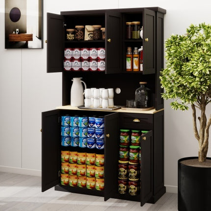 Kitchen Pantry Storage Cupboard With Microwave Countertop, Freestanding Cabinet With Adjustable Shelves, 6 Doors And 1 Drawer - Black