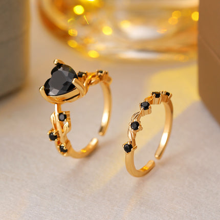Open Heart All-match Copper Inlaid Zircon Ring Suit