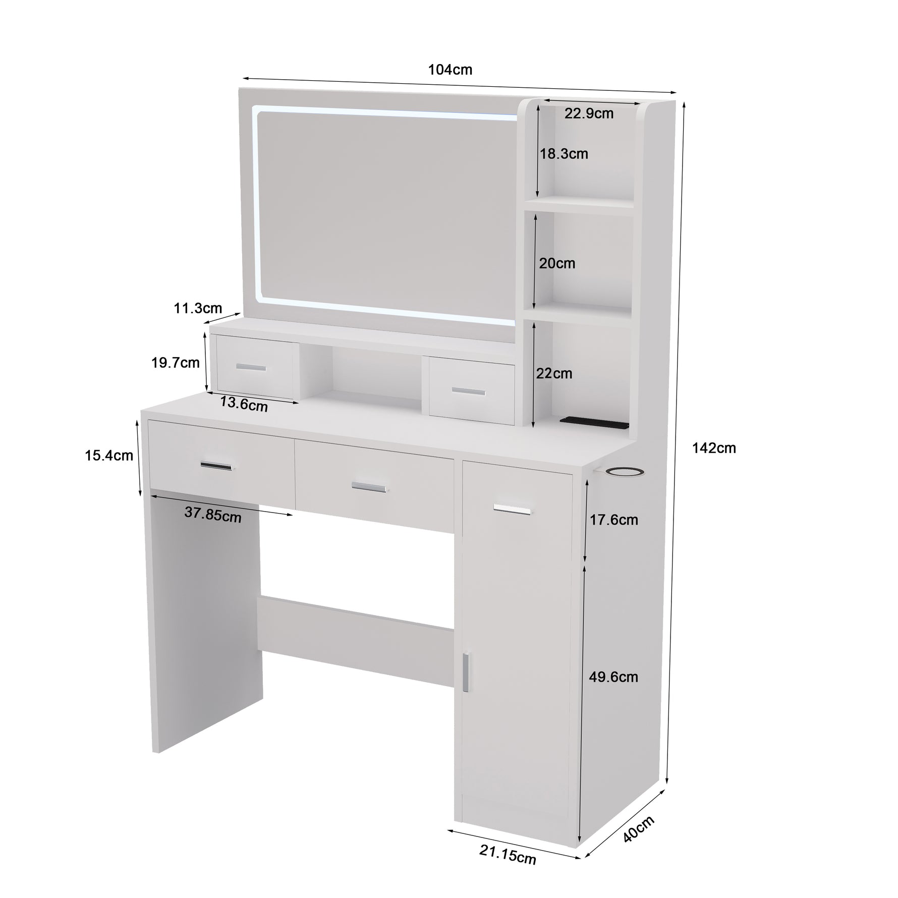 Miroir intelligent avec tiroirs et rangements, table de maquillage eprolo pour chambre à coucher ou dressing.