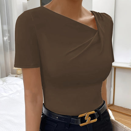 Ladies' Solid Color Asymmetrical Collar Fashionable T-shirt