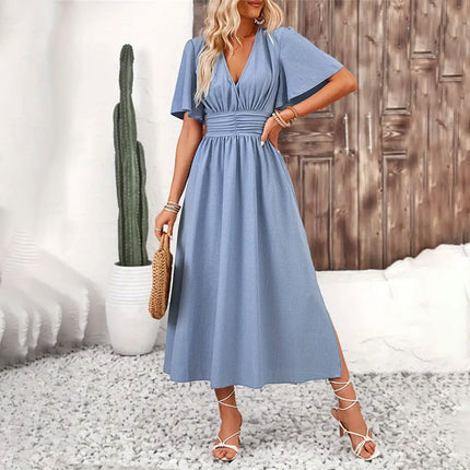 Women's Ruffle Sleeve Split Elastic Waist Polyester Dress