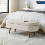 Banc ottoman ovale beige avec rangement, pieds en bois de caoutchouc, meuble de stockage élégant de 43,5"x16"x16"