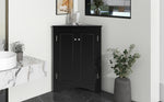 Armoire de rangement noire en forme de triangle pour salle de bain ou cuisine avec étagères ajustables, style autoportant.