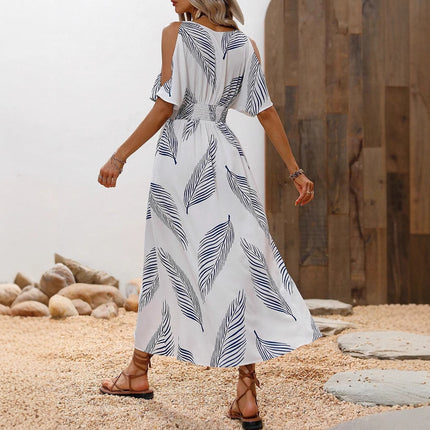 Tropical Floral Print V-neck Split Dress For A Vacation Vibe