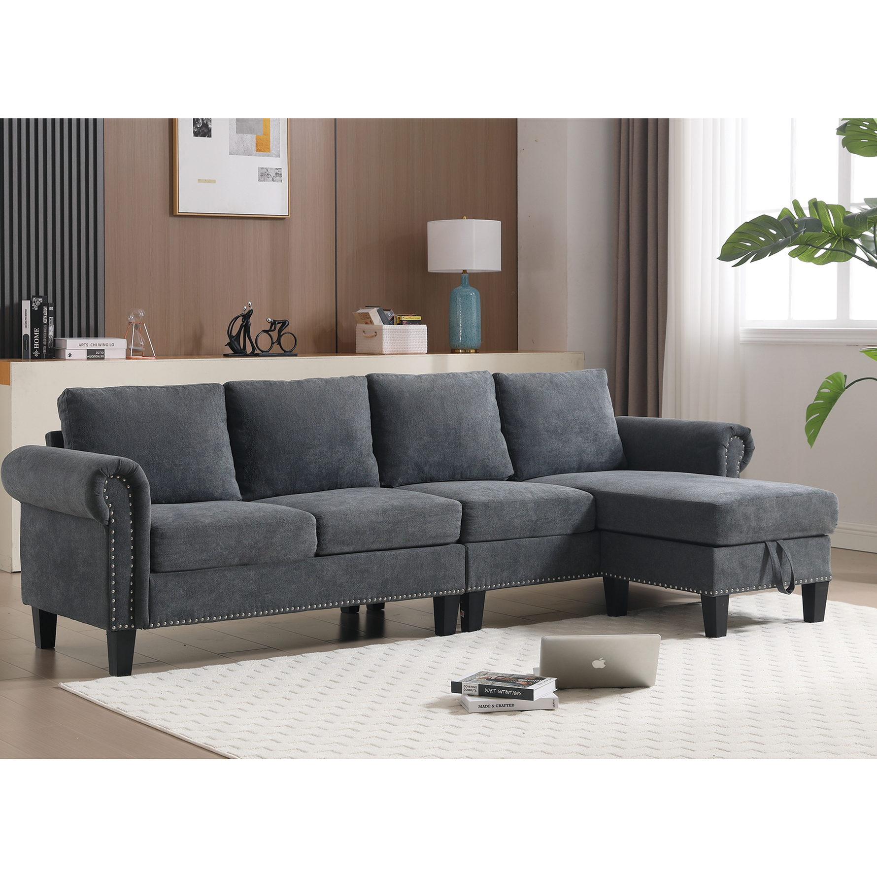 Canapé sectionnel convertible avec espace de rangement eprolo, tissu gris clair et coussins confortables dans un salon moderne