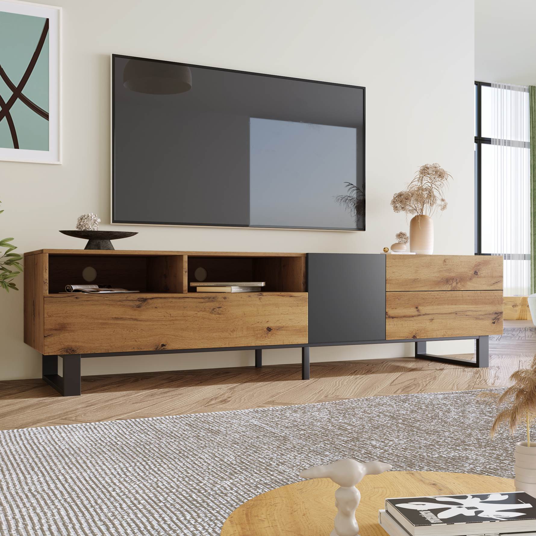 Meuble TV moderne eprolo pour téléviseur de 80 pouces avec double espace de rangement, en bois élégant et contemporain.
