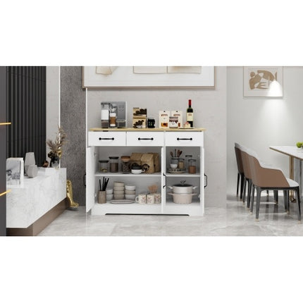 Farmhouse Buffet Cabinet Storage Sideboard With 3 Drawers And 3 Doors For Dining Room, Living Room, Kitchen Cupboards - White