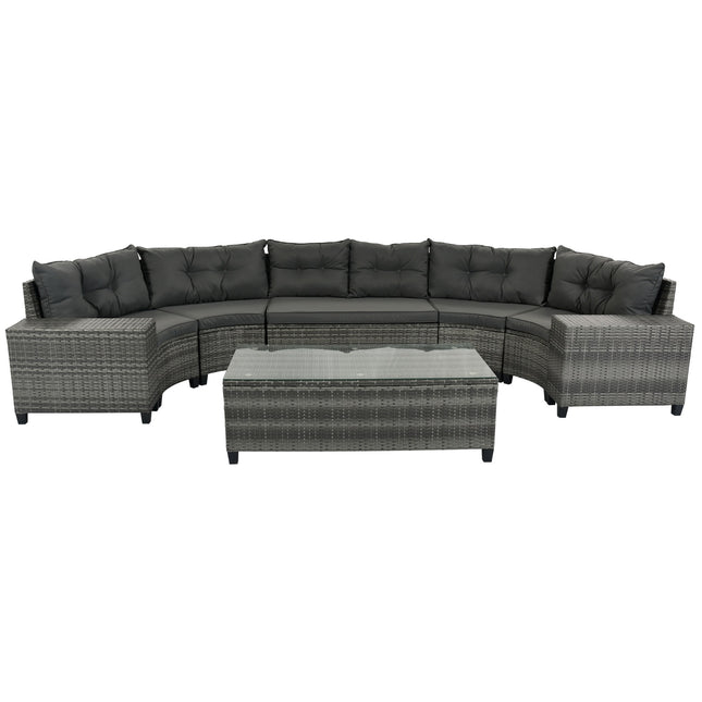 8-Pc Outdoor Wicker Round Sofa Set, Half-Moon All-Weather Curved Sectional