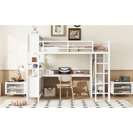 Metal Loft Bed With Wardrobe And L-shaped Desk, Full Size Loft Bed With Storage Cubes And Shelves, Heavy Duty Loft Bed For Kids Teens Adults