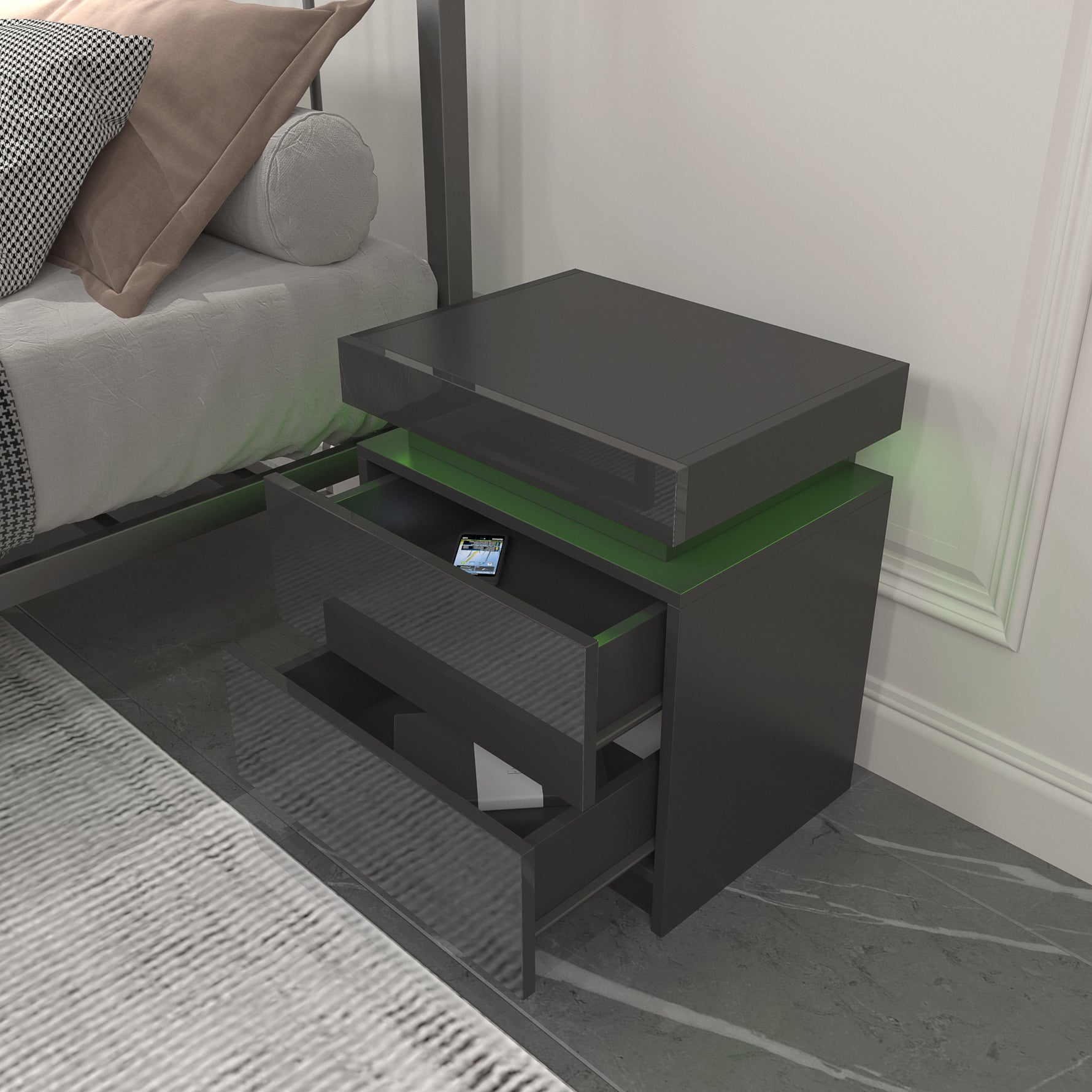 Table de nuit moderne noire avec LED, design épuré et finition matte, par eprolo.