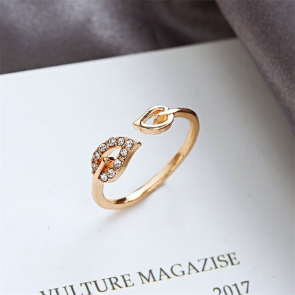 Leaf Rhinestone Peach Heart Adjustable Joint Ring