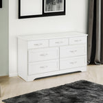 commode moderne en bois blanc avec 3 tiroirs et 7 compartiments, poignées en métal, dimensions 47,6" x 15,7" x 26,6", pour chambre à coucher