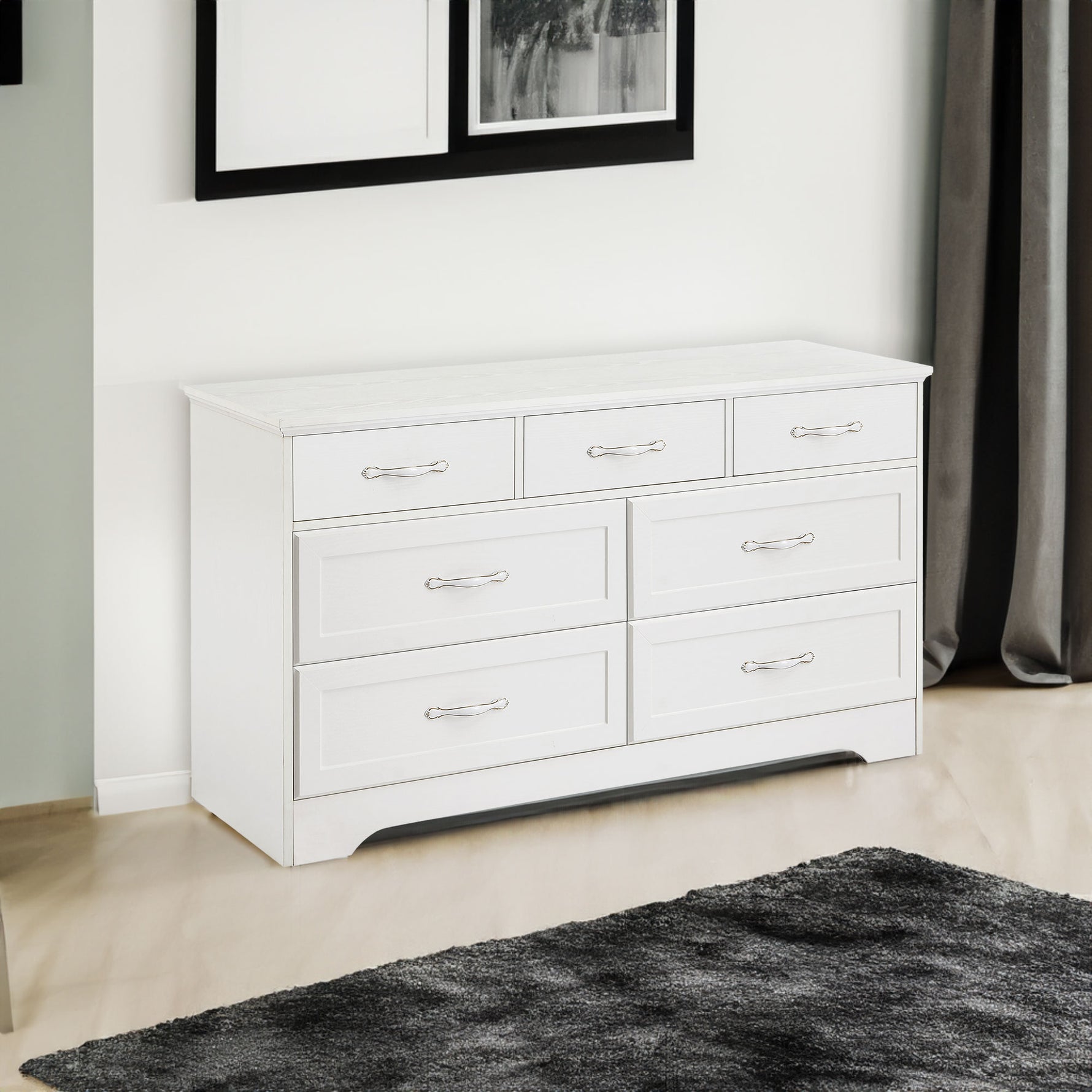commode moderne en bois blanc avec 3 tiroirs et 7 compartiments, poignées en métal, dimensions 47,6" x 15,7" x 26,6", pour chambre à coucher