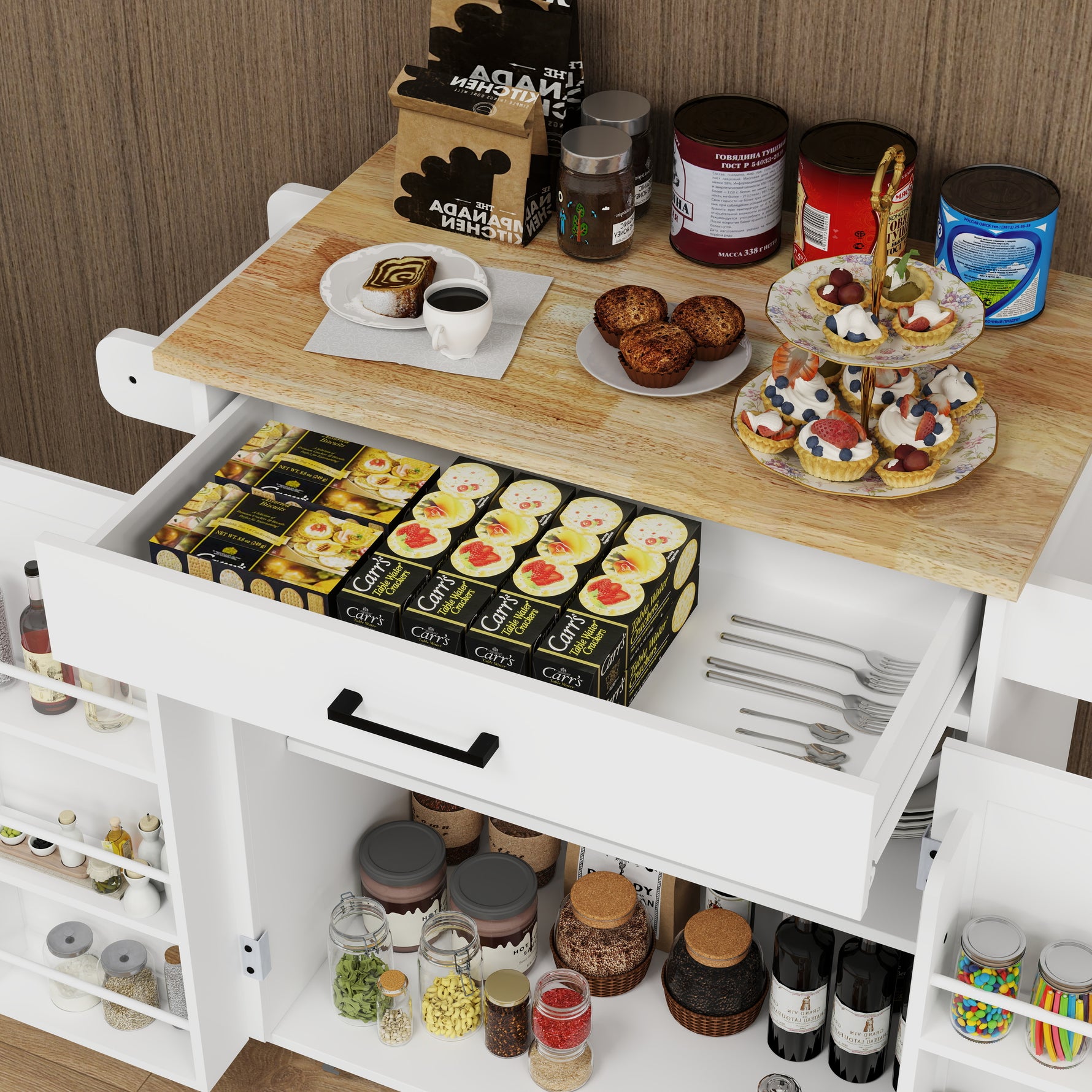 Mobilier d'entrée eprolo, îlot de cuisine roulant avec tiroir, portes de rangement, étagères ajustables et porte-serviettes.