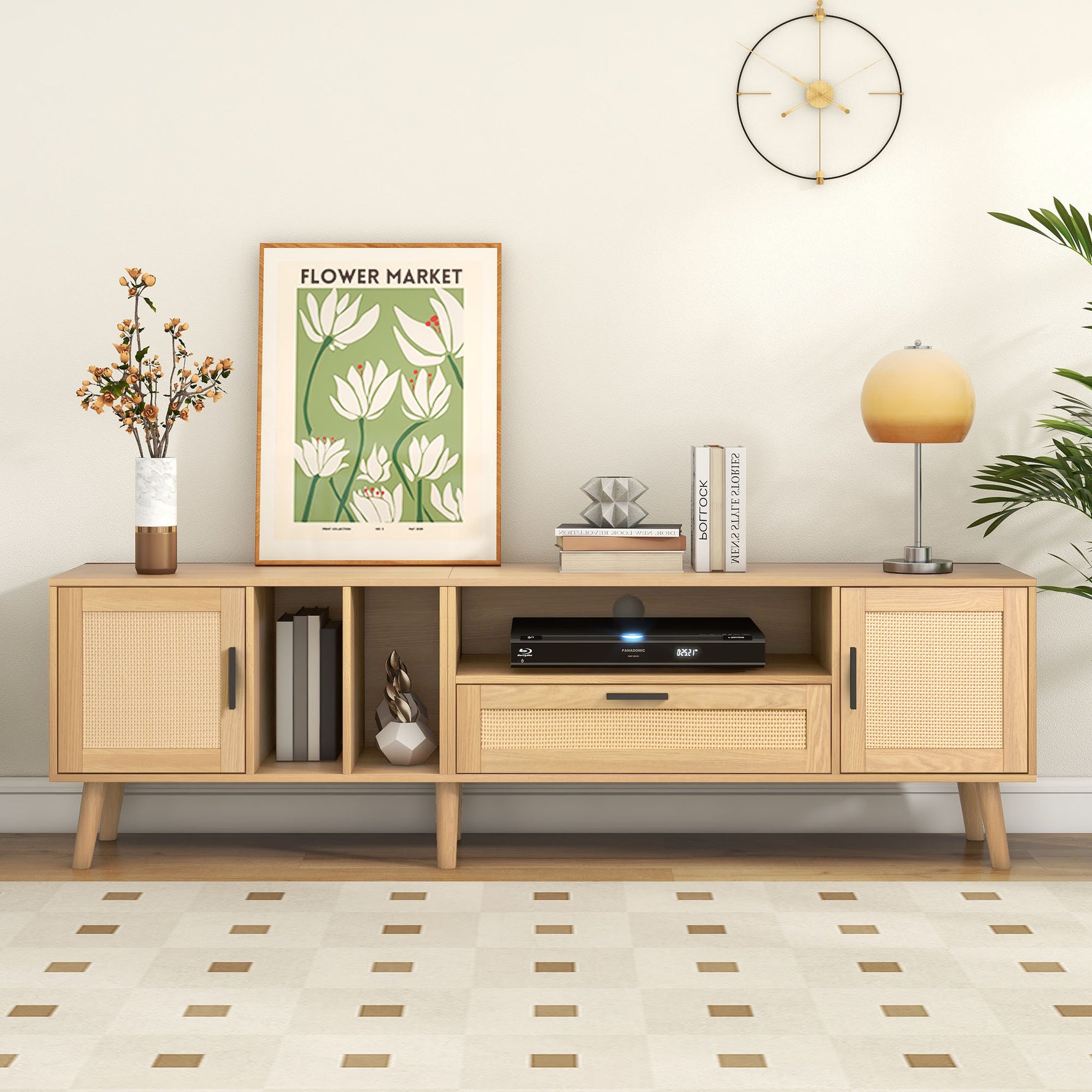 Support téléviseur Vine de eprolo en bois avec espace de rangement intégré, moderne et robuste pour salon.