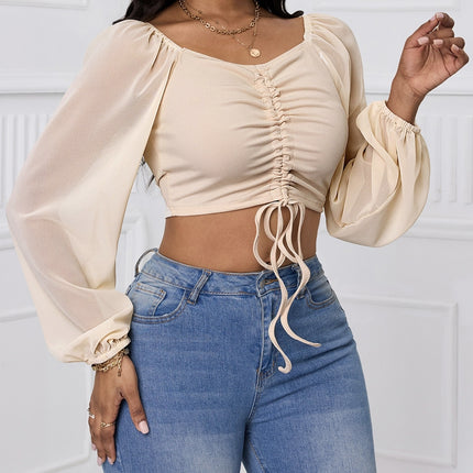 Ladies' Solid Color Fashionable Drawstring Strap Lantern Sleeve Exposed Navel Sexy Versatile Shirt T-shirt Top