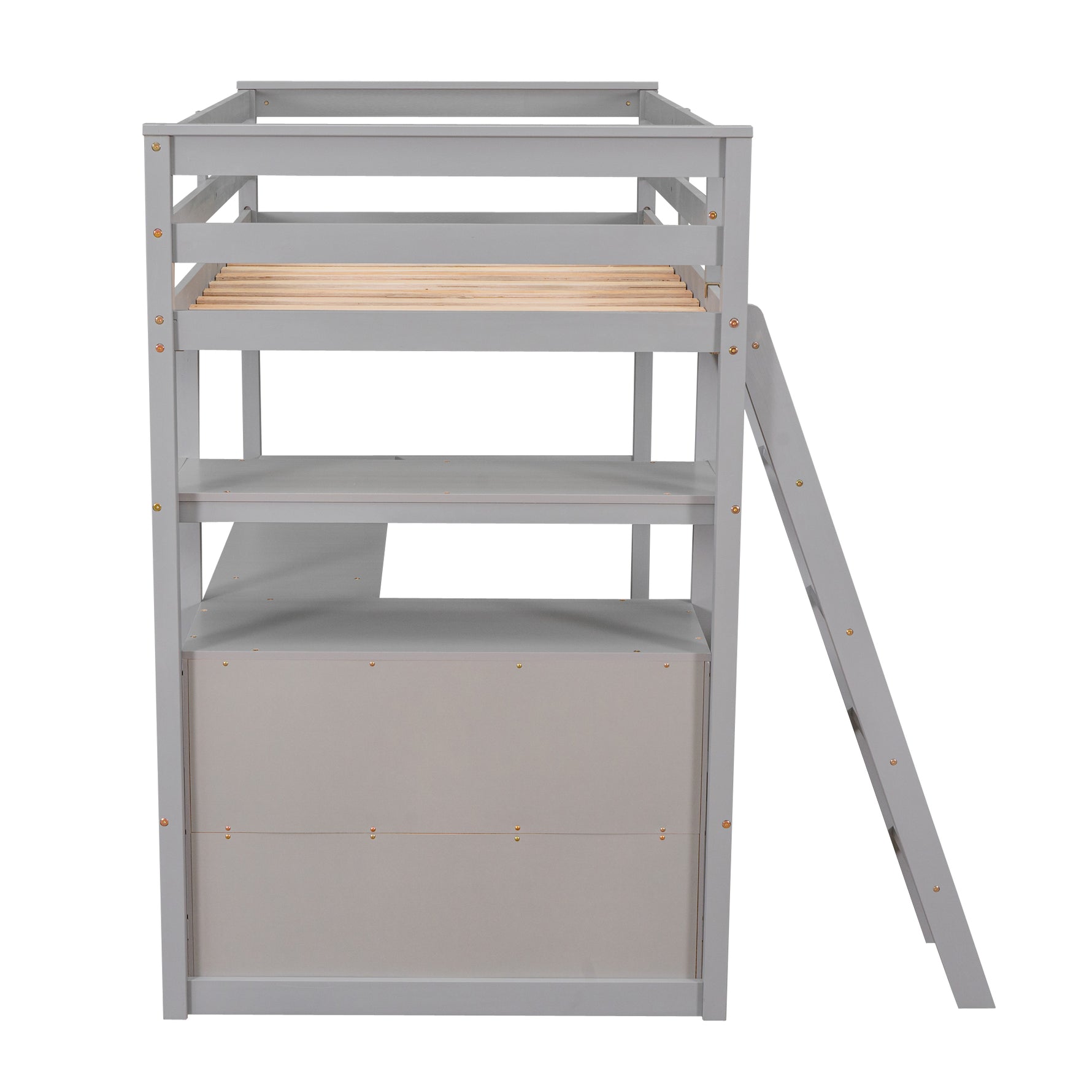 Lits mezzanine double avec bureau, étagères, tiroirs intégrés gris, par eprolo, structure en bois robuste et espace de rangement intégré